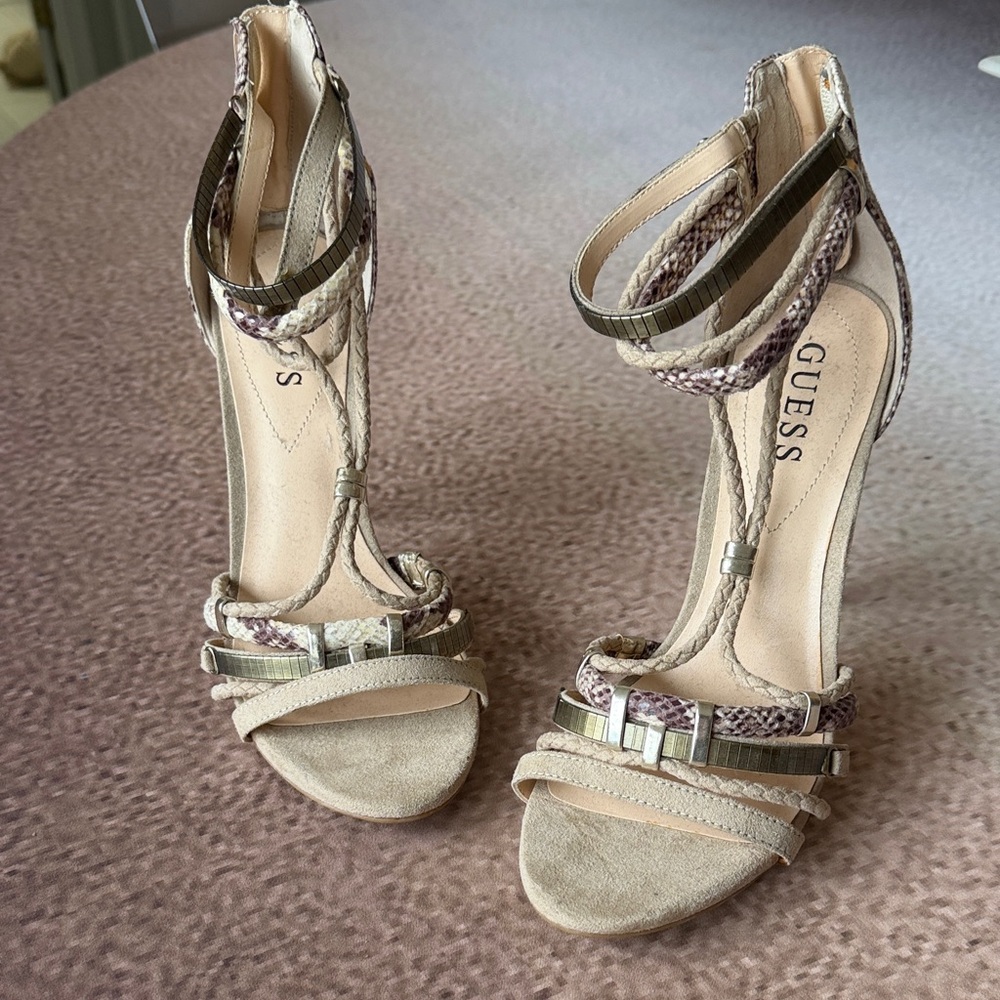 Guess Snakeskin and Beige Strappy Heels